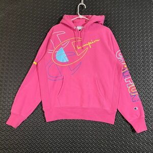 Champion‎ Reverse Weave Hoodie Men's Large Pink Multicolor Logo Pullover Graphic